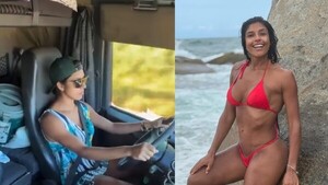 Modelo colgó la tanga y pilotea camiones de carga