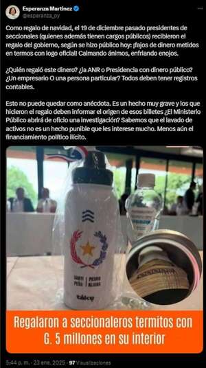 Termos con dinero: senadora pedirá informes sobre supuesto regalo de Santi Peña a seccionaleros - Política - ABC Color