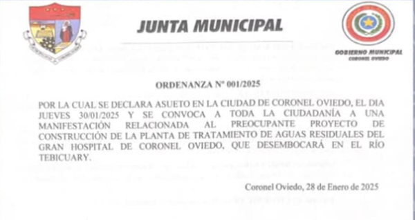 Coronel Oviedo declara asueto distrital el jueves 30 de enero para movilización ciudadana