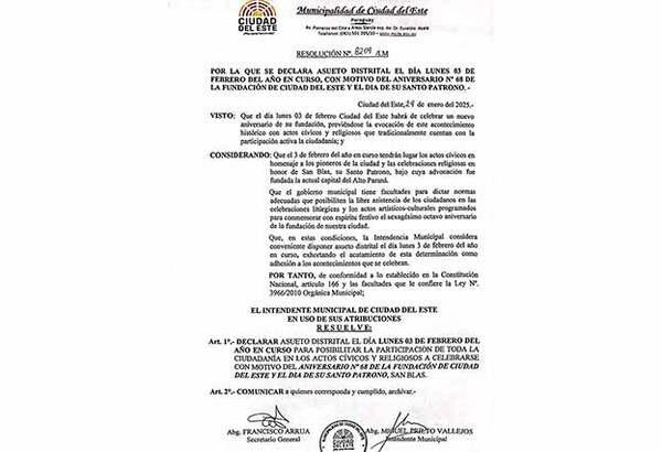 Por aniversario de Ciudad del Este declaran asueto el lunes 3 de febrero | DIARIO PRIMERA PLANA