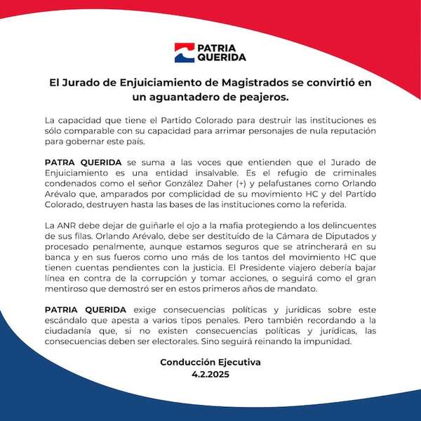 Patria Querida exige consecuencias políticas y jurídicas en el caso que implica a Orlando Arévalo - Nacionales - ABC Color