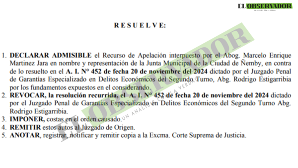 Cámara otorga legitimación a Junta Municipal de Ñemby como querellante en causa a intendente Olmedo