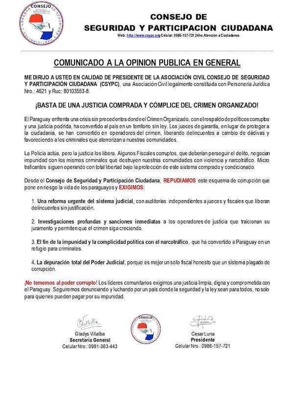 Basta de justicia comprada, dice el Consejo de Seguridad de Participación Ciudadana - Nacionales - ABC Color