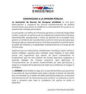 Los últimos hechos de corrupción y tráfico de influencia perjudican a todos los sectores de la sociedad, remarca Asoban - Nacionales - ABC Color