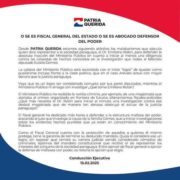 #LaMafiaManda: Patria Querida cuestiona duramente “absoluta inacción” del fiscal general - Política - ABC Color