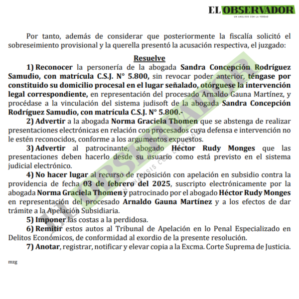 Juez advierte a abogados que intervienen en la causa a Tomas Olmedo, por irregularidades en sus presentaciones 