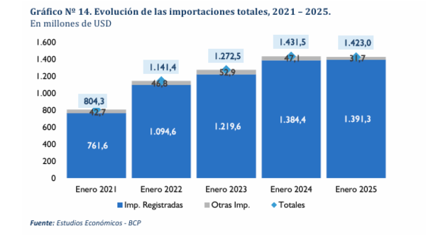 Importaciones totales de enero cerraron en US$ 1.423 millones, según el Banco Central | Importaciones | 5Días
