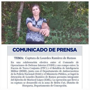 El Comando de Operaciones de Defensa Interna (CODI) confirmó la detención de Lourdes Ramírez de Ramos