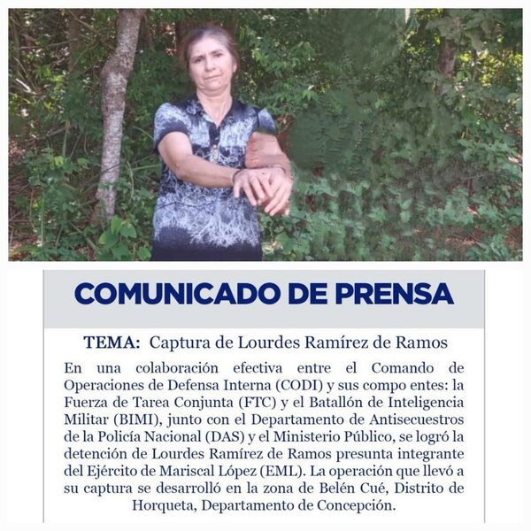 El Comando de Operaciones de Defensa Interna (CODI) confirmó la detención de Lourdes Ramírez de Ramos