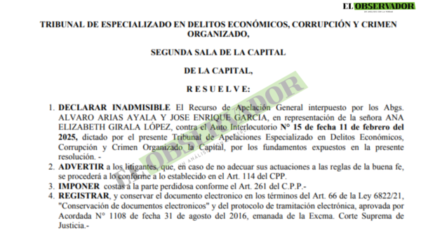 Cámara ratifica competencia de Tribunal de Sentencia que juzga a exfiscal Ana Girala