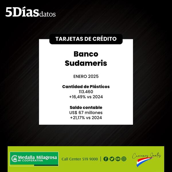El saldo en cartera de tarjetas del Banco Sudameris cerró en US$ 67 millones, en enero | Bancos | 5Días