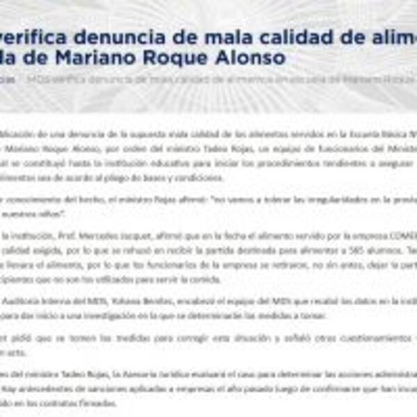 Gobierno del Paraguay verifica denuncia de mala calidad de alimentos en escuela de Mariano Roque Alonso :: Presidencia de la República del Paraguay