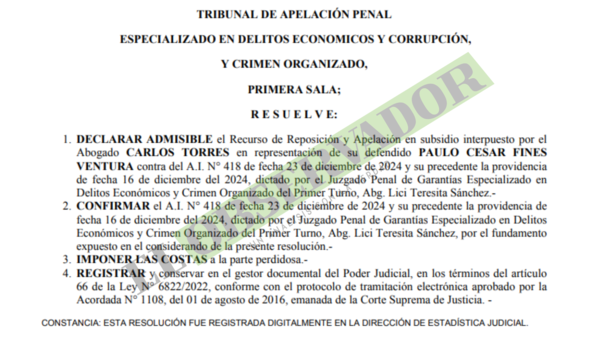 Cámara confirma resoluciones que fijan audiencia preliminar del caso Dakovo 