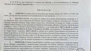 Justicia Electoral anula expulsión de liberales acusados de cartistas