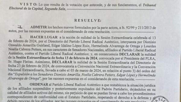 Justicia Electoral anula expulsión de liberales acusados de cartistas
