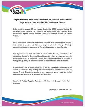 Organizaciones políticas se reunirán en plenaria para la reactivación del Frente Guasu - ADN Digital