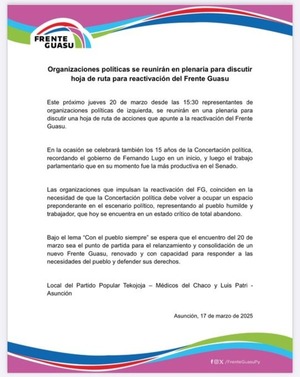 Frente Guasu convoca reunión para fortalecer el partido y celebrar sus 15 años - ADN Digital