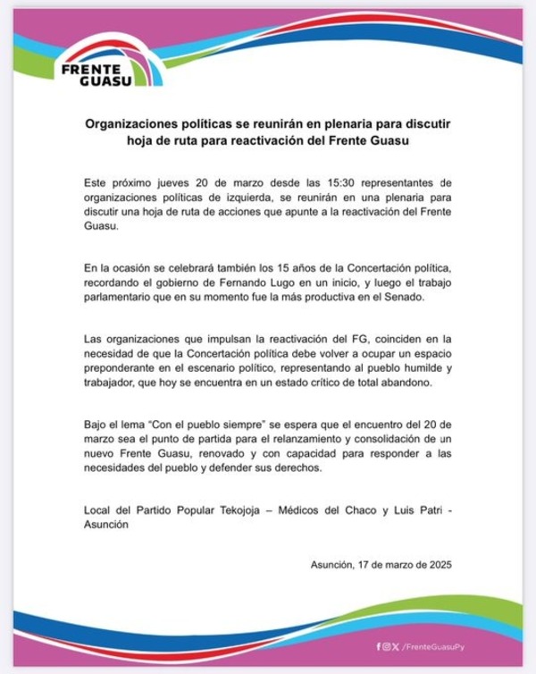 Frente Guasu convoca reunión para fortalecer el partido y celebrar sus 15 años - ADN Digital
