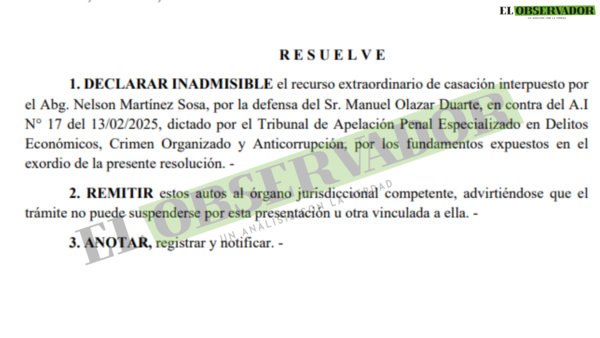 Quyquyhó: Acusado por enriquecimiento ilícito incurrió en error al plantear casación y queda firme la preliminar