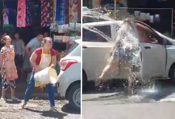 [VIDEO] Vendedora de yuyos le “refrescó” más de la cuenta a clientes: escándalo en el Mercado 4