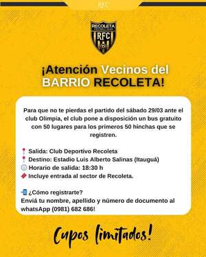 Recoleta ofrece bus y entradas gratuitas a sus seguidores - Fútbol - ABC Color