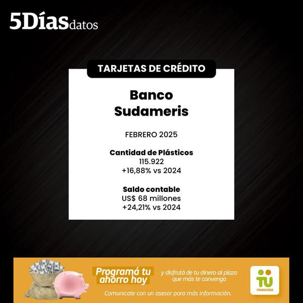 A febrero, el saldo en cartera de tarjetas del Banco Sudameris cerró en US$ 68 millones | Bancos | 5Días