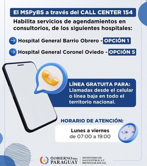 Salud lanza agendamiento telefónico gratuito para los hospitales Barrio Obrero y Oviedo - .::Agencia IP::.