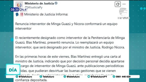 Renunció el interventor de la cárcel de Minga Guazú