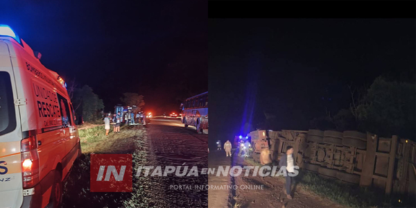 CAMIONERO PIERDE EL CONTROL Y VUELCA EN NATALIO