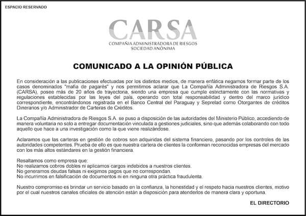 CARSA: Comunicado a la opinión pública - Espacio Reservado - ABC Color