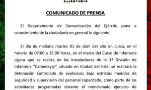 Ejército Paraguayo realizará detonaciones controladas en Ciudad del Este