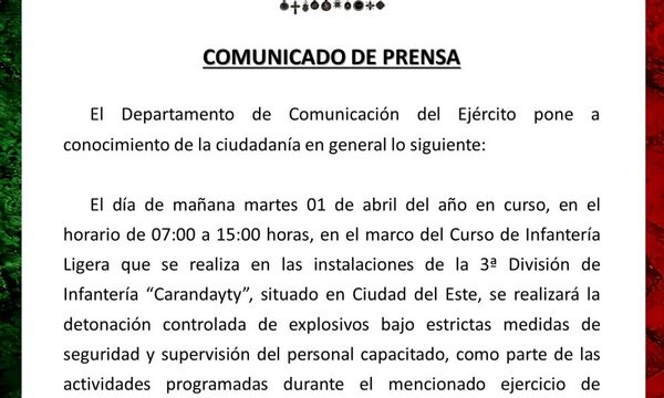 Ejército Paraguayo realizará detonaciones controladas en Ciudad del Este
