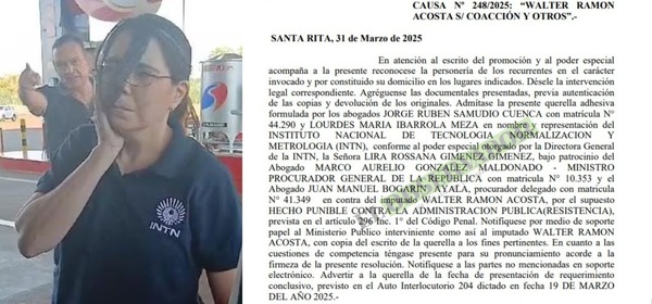 Admiten querella adhesiva del INTN en causa de coacción grave al abogado Walter Acosta