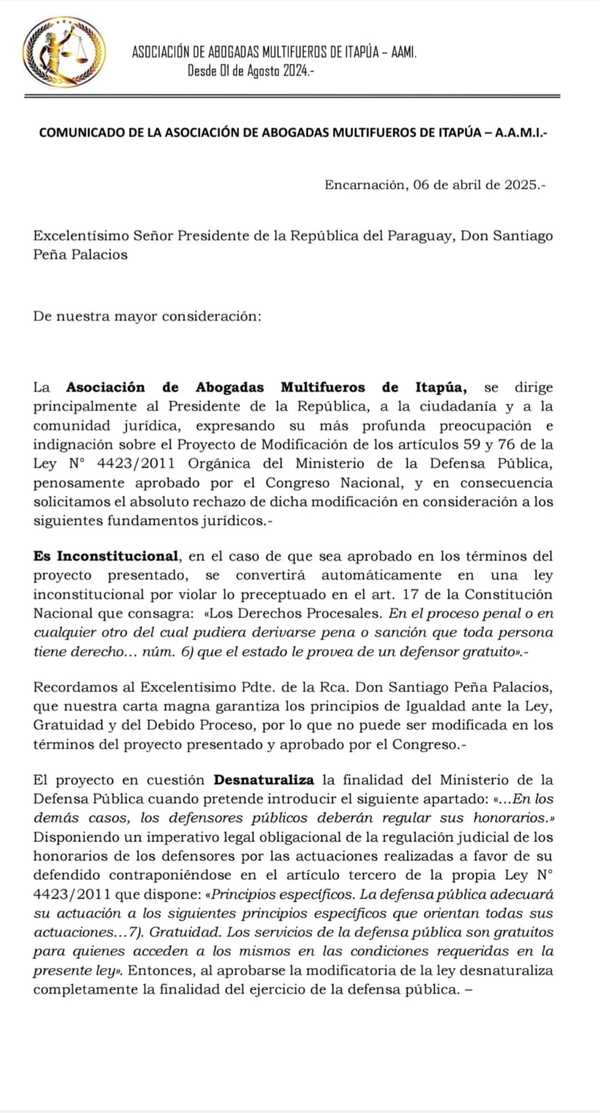 Gremio asegura que es inconstitucional el proyecto ley que permite a defensores públicos regular honorarios   