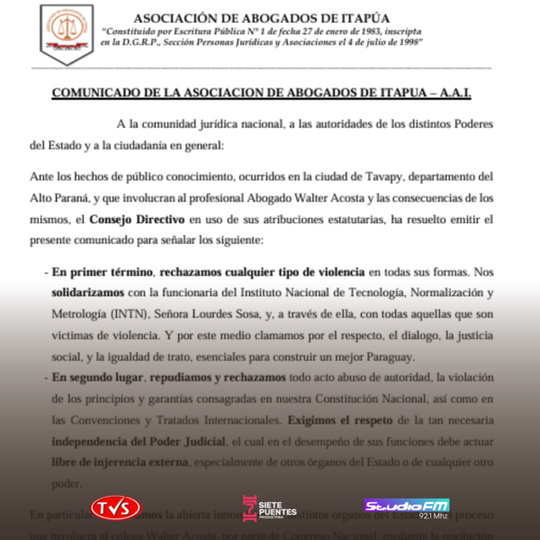 ABOGADOS DE ITAPÚA REPUDIAN INTROMISIÓN ESTATAL EN CASO WALTER ACOSTA Y ALERTAN SOBRE VIOLACIONES AL DEBIDO PROCESO - TVS