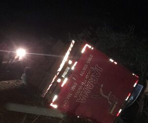 Camión transportador de mercaderías pierde frenos y vuelca