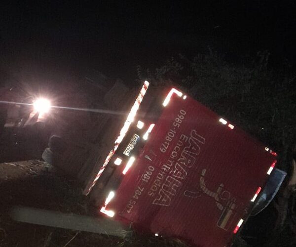 Camión transportador de mercaderías pierde frenos y vuelca