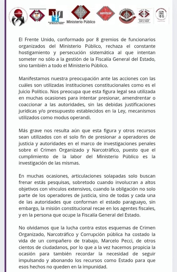 Funcionarios del Ministerio Público rechazan juicio político al fiscal Rolón - ADN Digital