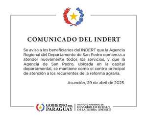 Tras lluvia de críticas, Indert y Gobernación reculan y confirman que oficina regional seguirá en San Pedro  - Nacionales - ABC Color