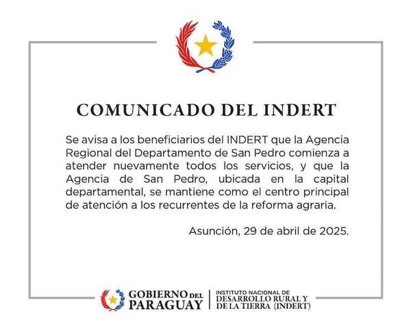Tras lluvia de críticas, Indert y Gobernación reculan y confirman que oficina regional seguirá en San Pedro - Nacionales - ABC Color