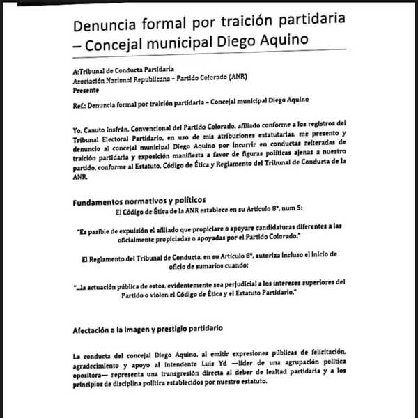 Denuncia por traición partidaria en la ANR: Canuto "Choko" Insfrán solicita la expulsión de Diego Aquino - TVS