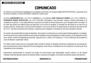 Comunicado de la firma Agroramos S.A. - Espacio Reservado - ABC Color