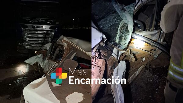 Choque frontal entre camión y automóvil deja dos fallecidos en San Pedro del Paraná.