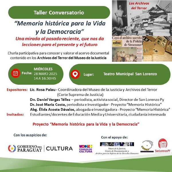 San Lorenzo será sede de un taller sobre Memoria Histórica con acceso libre para estudiantes y ciudadanía » San Lorenzo PY