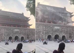 El techo de la famosa Torre del Tambor de Fengyang se fue a la China: “renunciaron” montón de tejas