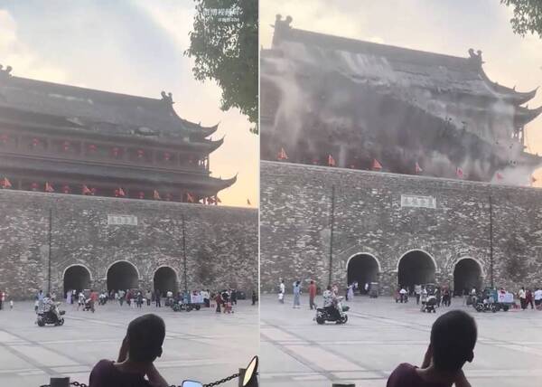 El techo de la famosa Torre del Tambor de Fengyang se fue a la China: “renunciaron” montón de tejas