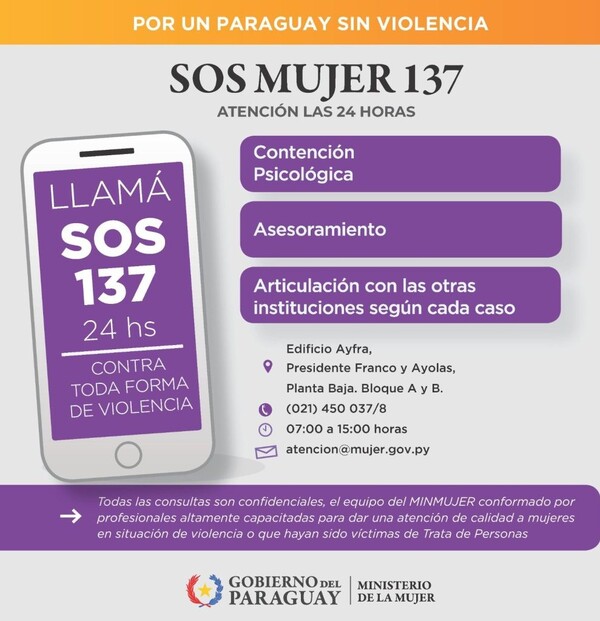 Mujeres pueden acceder a asistencia sicológica y asesoramiento legal a través de la línea “SOS 137” - .::Agencia IP::.