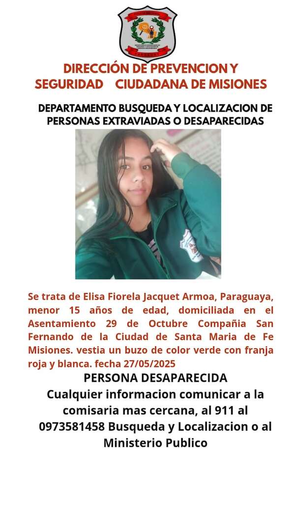 Santa María: una menor de 15 años está con paradero desconocido - Nacionales - ABC Color