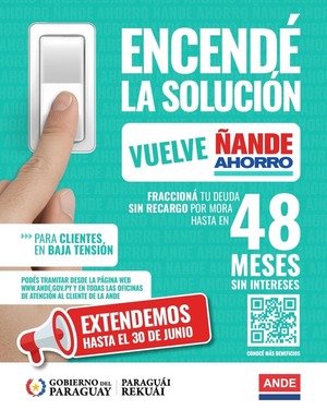 ANDE extiende promoción que facilita pago a clientes morosos y otros beneficios por todo el mes de junio - .::Agencia IP::.