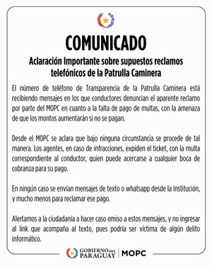 MOPC desmiente mensajes enviados desde la Patrulla Caminera - 1000 Noticias